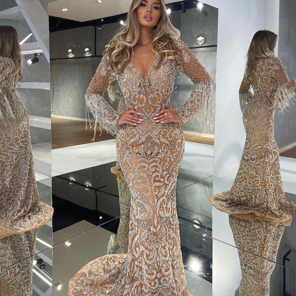 Women's Fishtail Gold Evening Tassel Elegant Dress