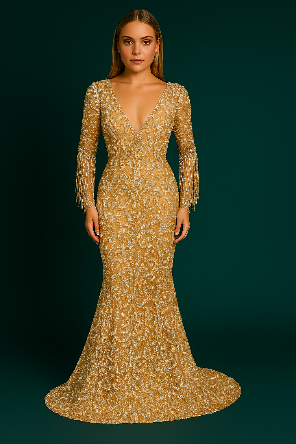 Women's Fishtail Gold Evening Tassel Elegant Dress
