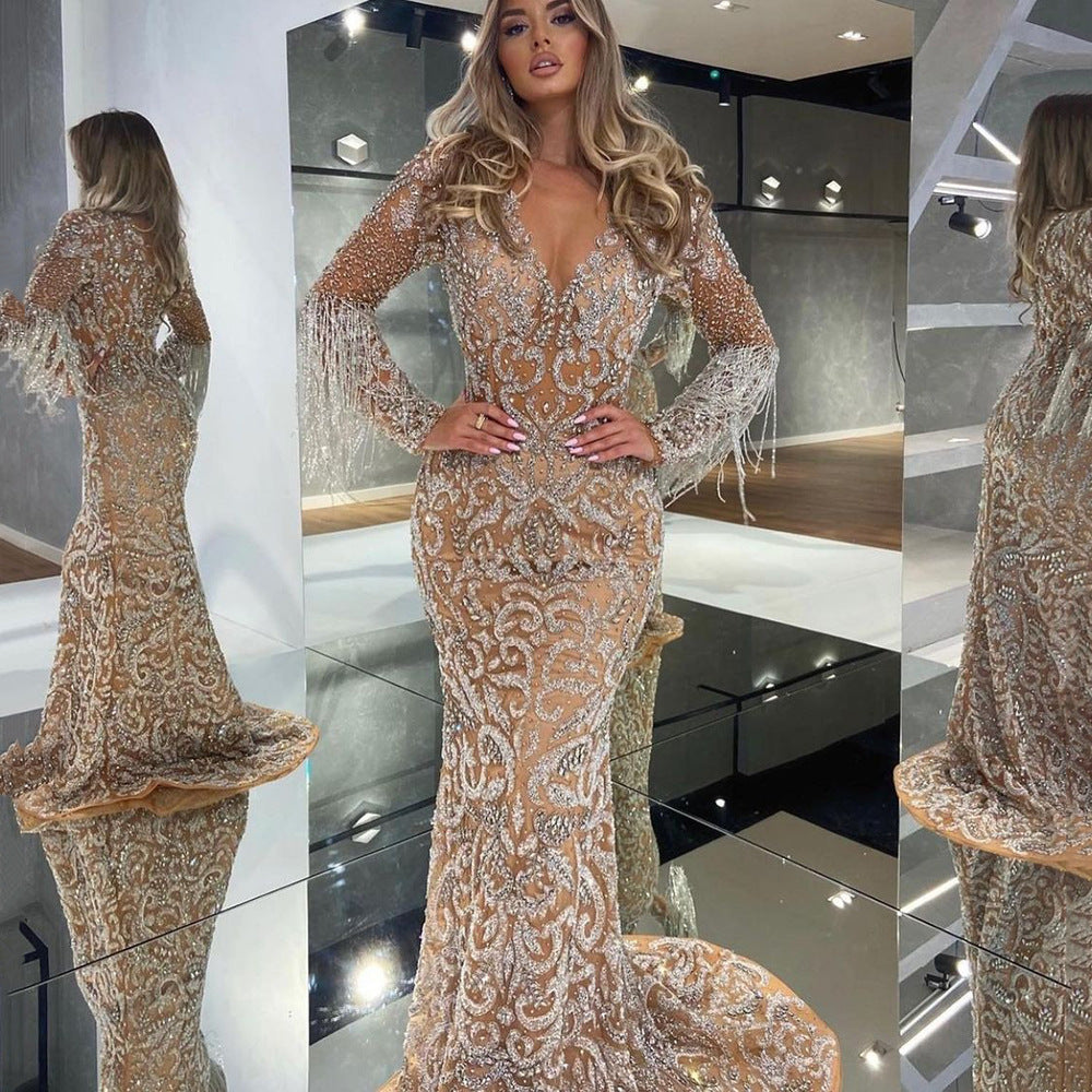 Women's Fishtail Gold Evening Tassel Elegant Dress
