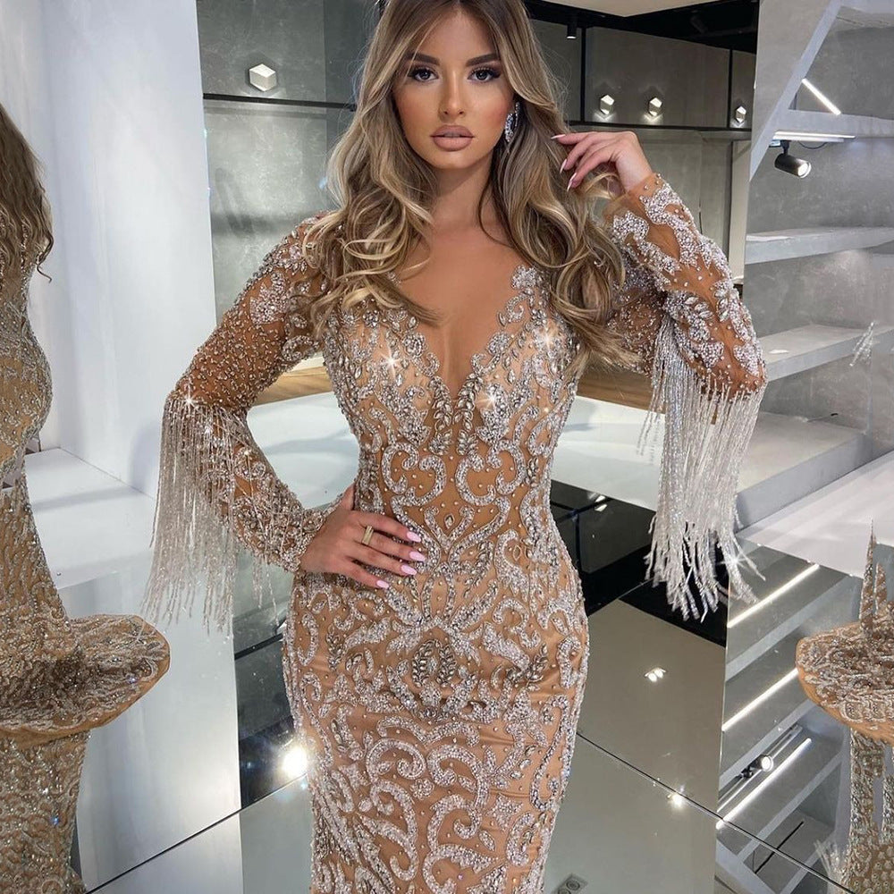 Women's Fishtail Gold Evening Tassel Elegant Dress