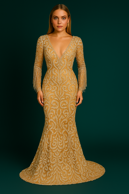 Women's Fishtail Gold Evening Tassel Elegant Dress